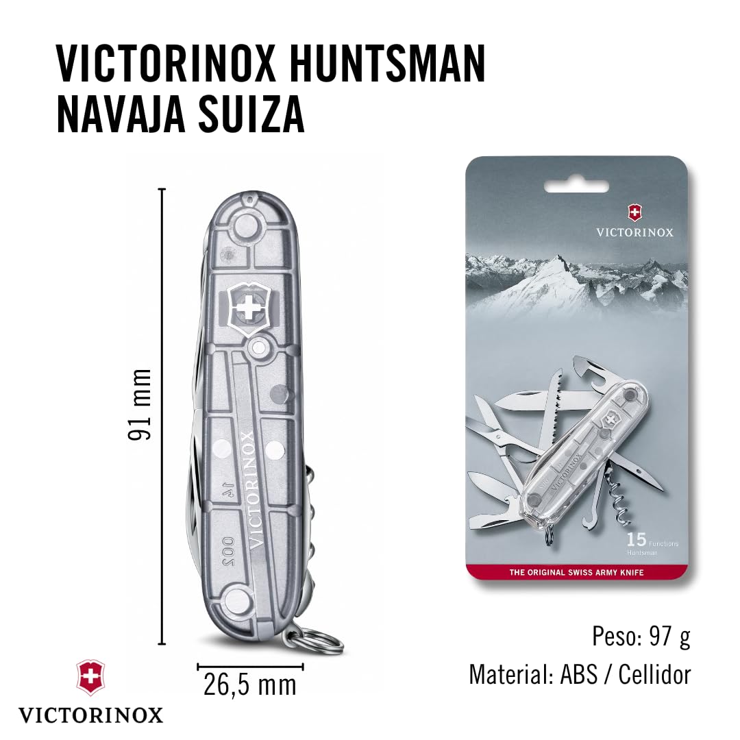 Victorinox Navaja Huntsman Silver Tech, Plata Transparente, 15 Usos | Navaja resistente con tijeras y sierra para madera para camping y exterior. Incluye cuchilla y sacacorchos. Fabricado en Suiz
