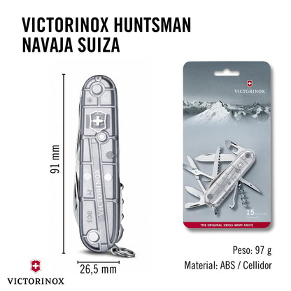 Victorinox Navaja Huntsman Silver Tech, Plata Transparente, 15 Usos | Navaja resistente con tijeras y sierra para madera para camping y exterior. Incluye cuchilla y sacacorchos. Fabricado en Suiz