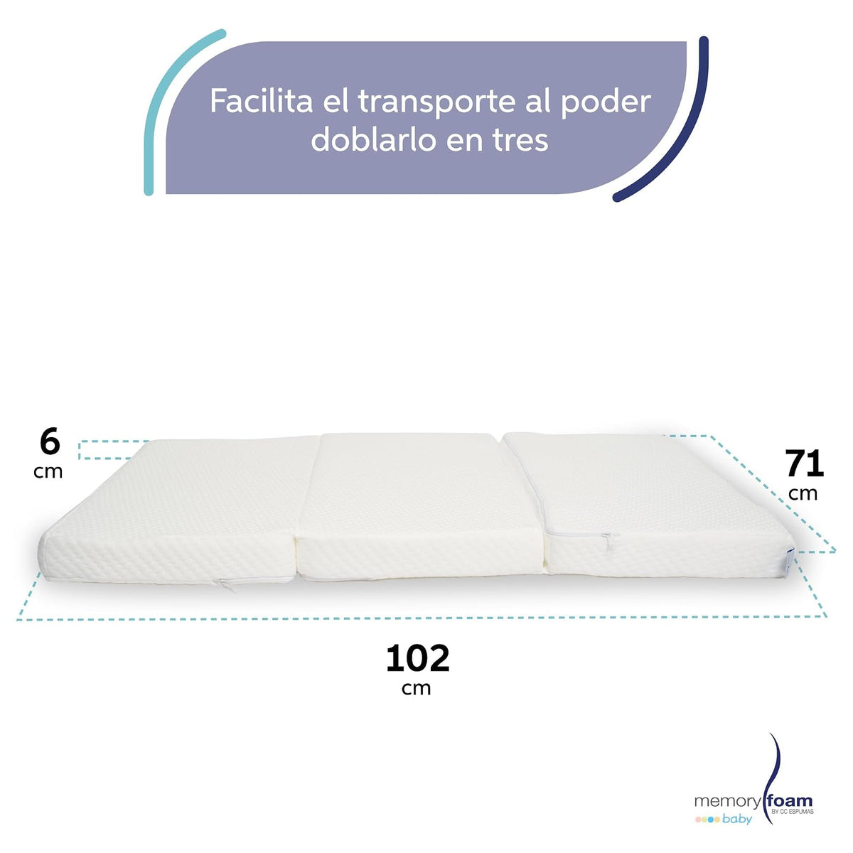 MEMORY FOAM BABY | Colchón de Cuna de Bebé Para Viaje Plegable - Firmeza Media - Blanco - 102 x 71 x 6 cm - Hecho de Espuma de Poliuretano