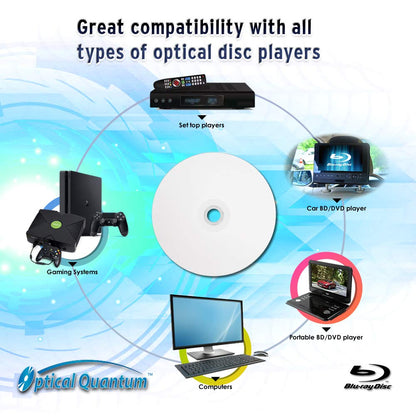 Optical Quantum 50 Discos Blu-ray Grabables (BD-R) de una Sola Capa, 6x, 25GB, Cubierta Blanca Imprimible con Inyección de Tintas