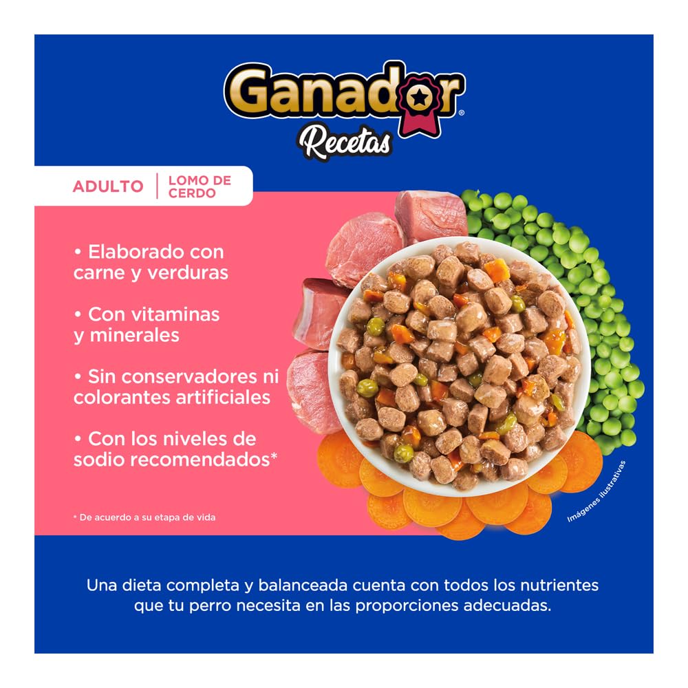 Ganador Recetas Lomo de Cerdo para perros adultos de todas las razas. Paquete con 22 piezas de 100 g c/u.