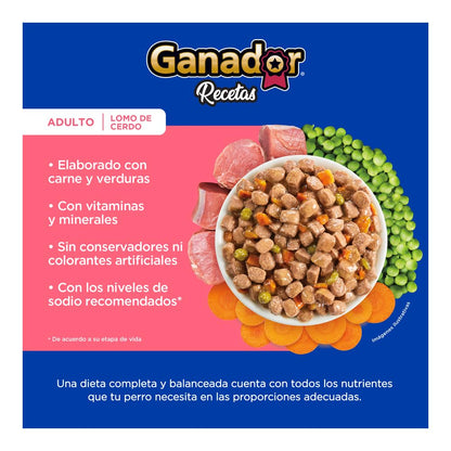 Ganador Recetas Lomo de Cerdo para perros adultos de todas las razas. Paquete con 22 piezas de 100 g c/u.