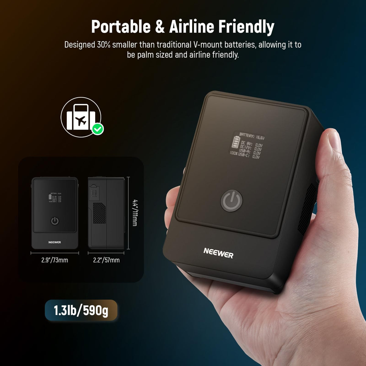 NEEWER Mini V Mount Battery Batería,6800mAh 99Wh V Lock Battery,PD65W Carga Rápida/D-Tap/BP/USB-A/Doble Puerto DC/Pantalla OLED para Camcorder Video Camera Compatible con SmallRig BMPCC 4k 6k, PS099E