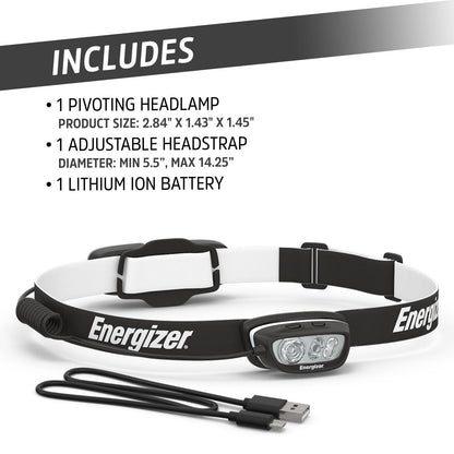 Energizer HDL70 - Linterna frontal recargable LED multicolor, batería recargable de iones de litio, dos modos LED verdes para visión nocturna, función de atenuación avanzada, resistente al agua IP67