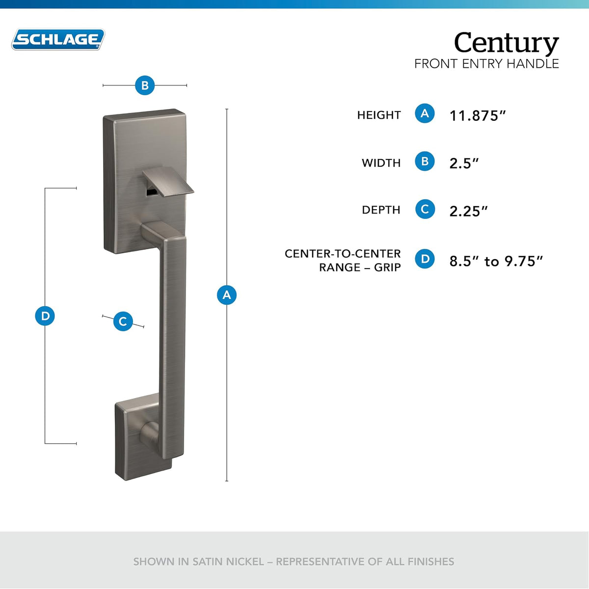 Schlage FE285 CEN 622 LAT CEN Century - Manija de entrada delantera con palanca Latitud, media empuñadura inferior, negro mate