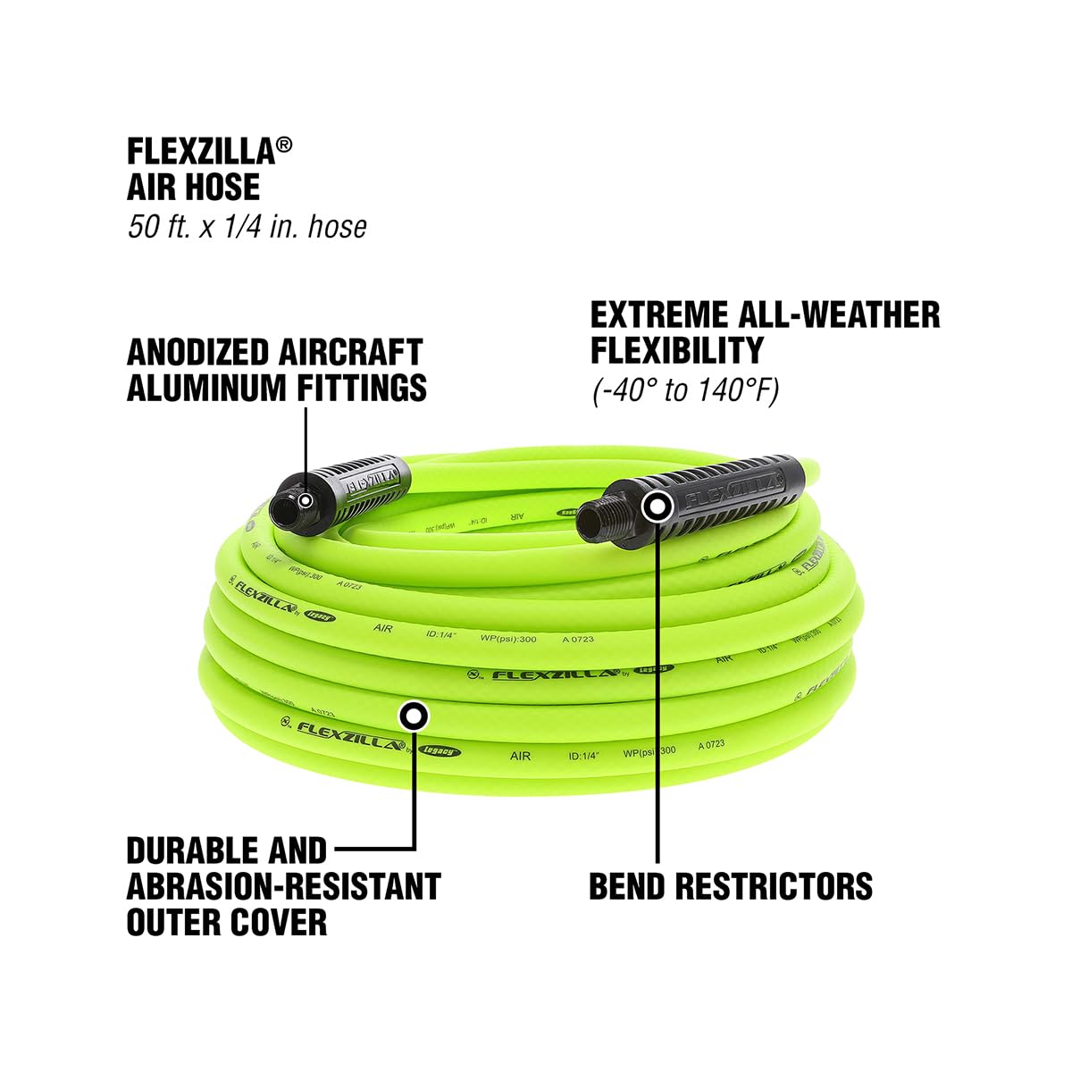 Flexzilla HFZ1450YW2 Manguera de Aire Híbrida 1/4 Pulgada x 50 Pies con Extremos MNPT 1/4 Pulgada Amarillo