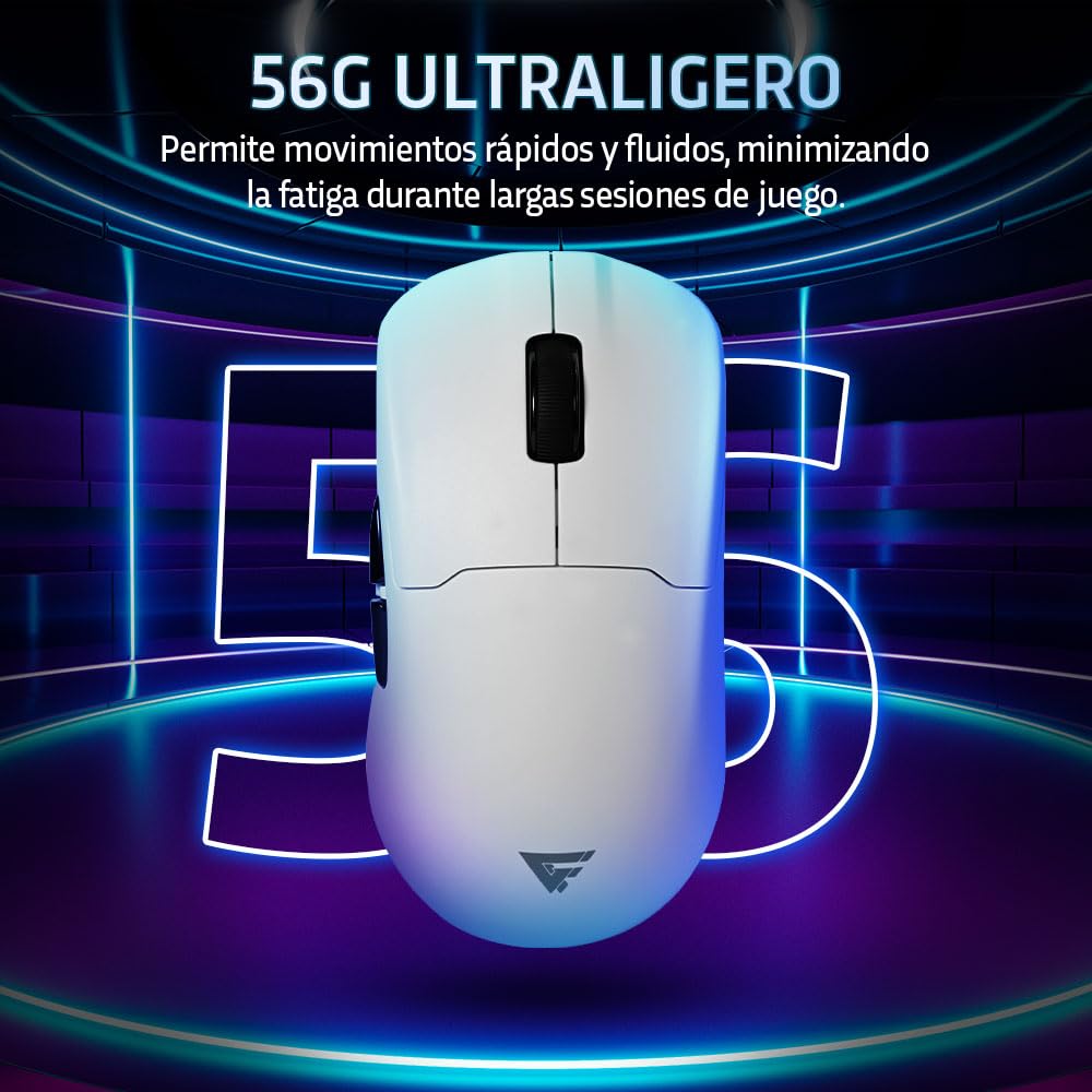 GAME FACTOR MOW800-WH Mouse Gamer Inalambrico RGB Óptico Pixart 3395 26,000 dpi Base Magnetica RGB Ultra Baja Latencia Ultra Ligero 56 Gramos Bluetooth Doungle 2.4 GHz Color Blanco