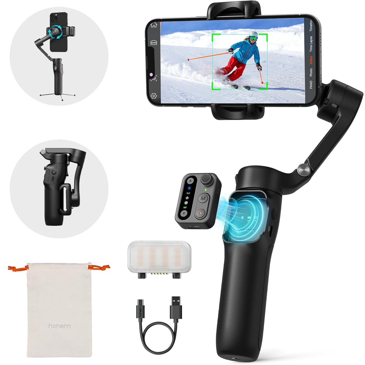Hohem iSteady X3 Gimbal Stabilizer for Smartphone,3 Axis Phone Gimbal with Magnetic Fill Light, Desmontable Remote Control, Incorporado Extensible Rod&Tripod for Travel/Vlog/TikTok-Black