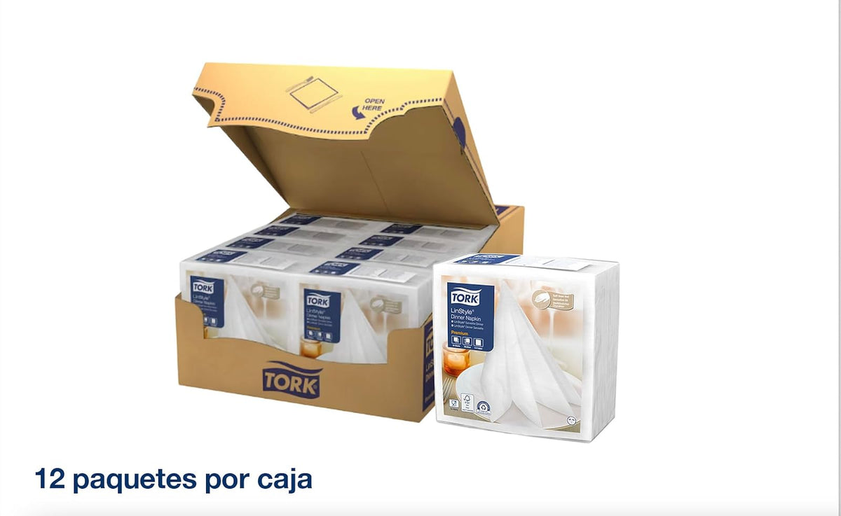 Tork Servilletas de Papel Premium LinStyle Sensación Tela – Servilleta Desechable Elegante para Mesa Restaurante y Eventos, 19.5x19.5 cm, Blanca – 12 Paquetes x 50 Piezas (600 Piezas)