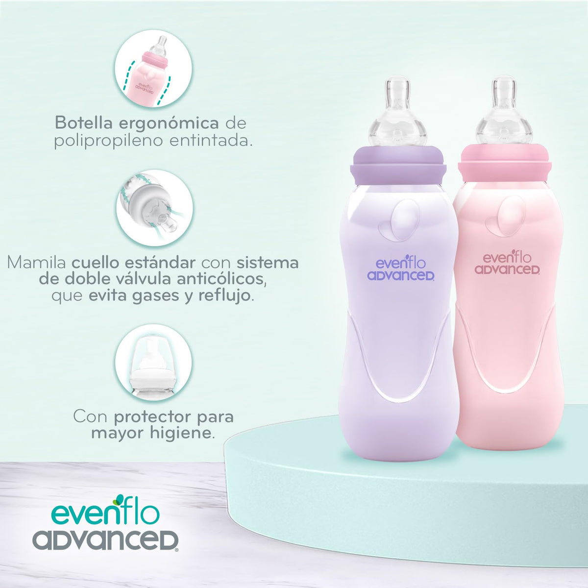 Evenflo Advanced Biberón Anticólicos, Cuello Estándar, Rosa/Morado, Silicón Libre de BPA, Flujo Medio, 240ml, 3+ Meses, 2 Piezas