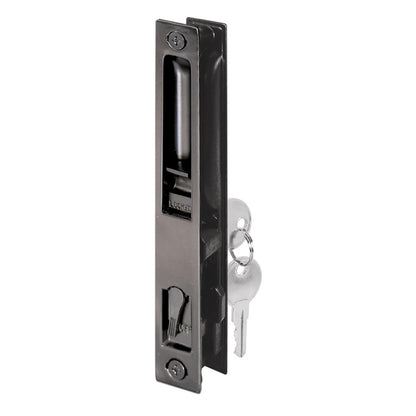 Prime-Line C 1033 Juego de manijas de puerta corredera de vidrio, 6-5/8 pulgadas, fundido a presión, negro, estilo gancho, montaje empotrado, llave, sin mano