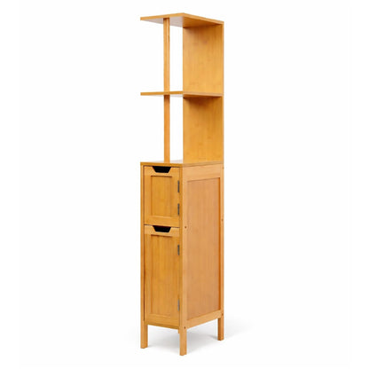 Nautica Home Mueble Organizador de Baño con Estantes y Gabinete, Torre de Almacenamiento de Bambú para Baño, Estantería Alta Compacta con Puertas para Espacios Reducidos