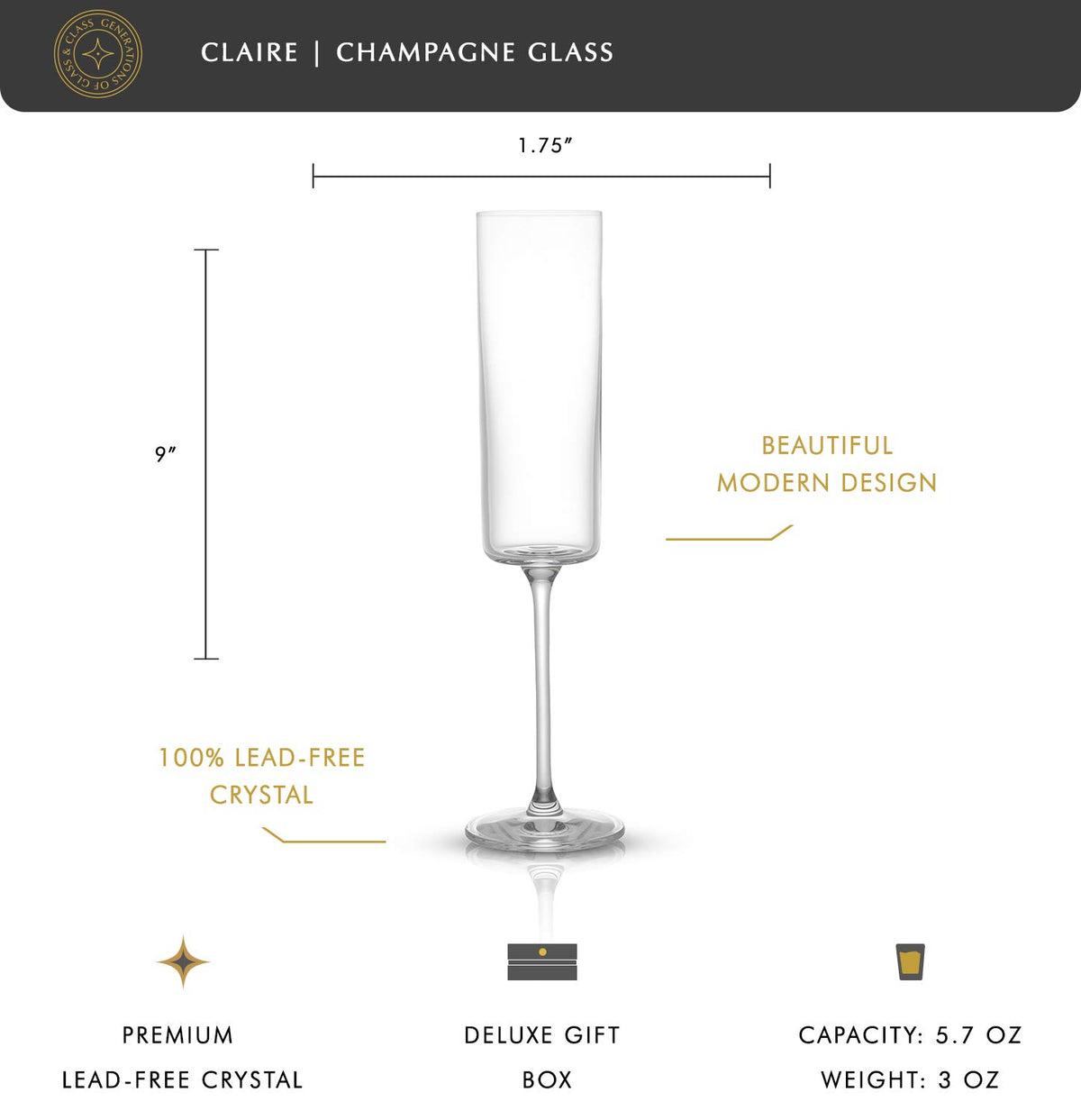 JoyJolt - Juego de 2 copas de champaña de vidrio de la colección Claire, capacidad de 6.5 onzas, exquisita artesanía, ideal para el hogar, bar y ocasiones especiales, fabricado en Europa