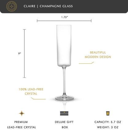 JoyJolt - Juego de 2 copas de champaña de vidrio de la colección Claire, capacidad de 6.5 onzas, exquisita artesanía, ideal para el hogar, bar y ocasiones especiales, fabricado en Europa