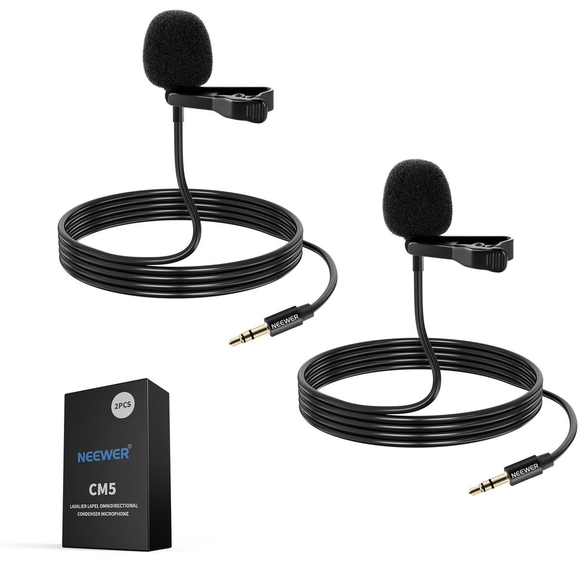 NEEWER 2 Pack Lavalier Lapel Microphone para dji Mic Wireless Transmisores, Compatible con Rode Wireless GO II 2, Condensador Omnidireccional, Cable Micrófono Solapa para Youtube Live Streaming, CM5