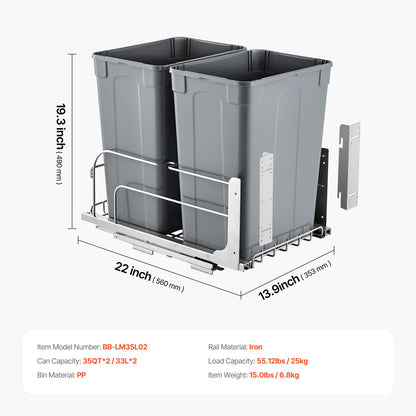 VEVOR Cubo de Basura Extraíble de 2 x 32,8 L, Doble, para Cocina, con Montaje Bajo Encimera, Carga 30 kg, con Puerta Corredera y Cierre Suave, para Armario de Cocina, Fregadero y Encimera, Gris