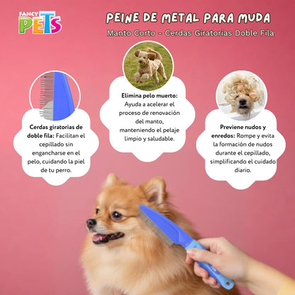 Fancy Pets Peine de Metal para Muda de Manto Corto para Perros con Cerdas Giratorias Doble Fila