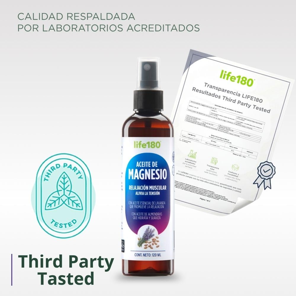 Life180 Aceite de Magnesio con Lavanda y Almendras en Spray 120ml | Cuidado Personal para la Relajación Corporal un Confort Diario que Hidrata y Suaviza la Piel