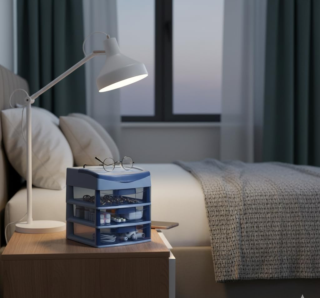 Italhome Cajonera de Plástico Sesia Azul, Mini Organizador de Escritorio Multiusos con 3 Cajones Transparentes