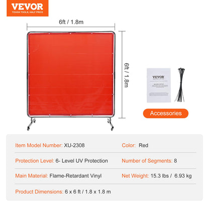 VEVOR Cortina de Soldadura con Marco, 1,8x1,8 m Pantalla de Protección de Soldadura de Vinilo Ignífugo con 4 Ruedas Giratorias 2 Bloqueables, Cortina Móvil Profesional para Taller, Industria, Rojo