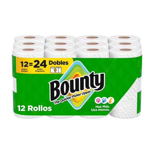 Bounty - Toallas de Papel Select A Size, 12 Rollos Dobles, 82 Hojas por Rollo, Hojas Ajustables, Súper Absorbentes, Textura Diamante, Limpieza Rápida y Duradera
