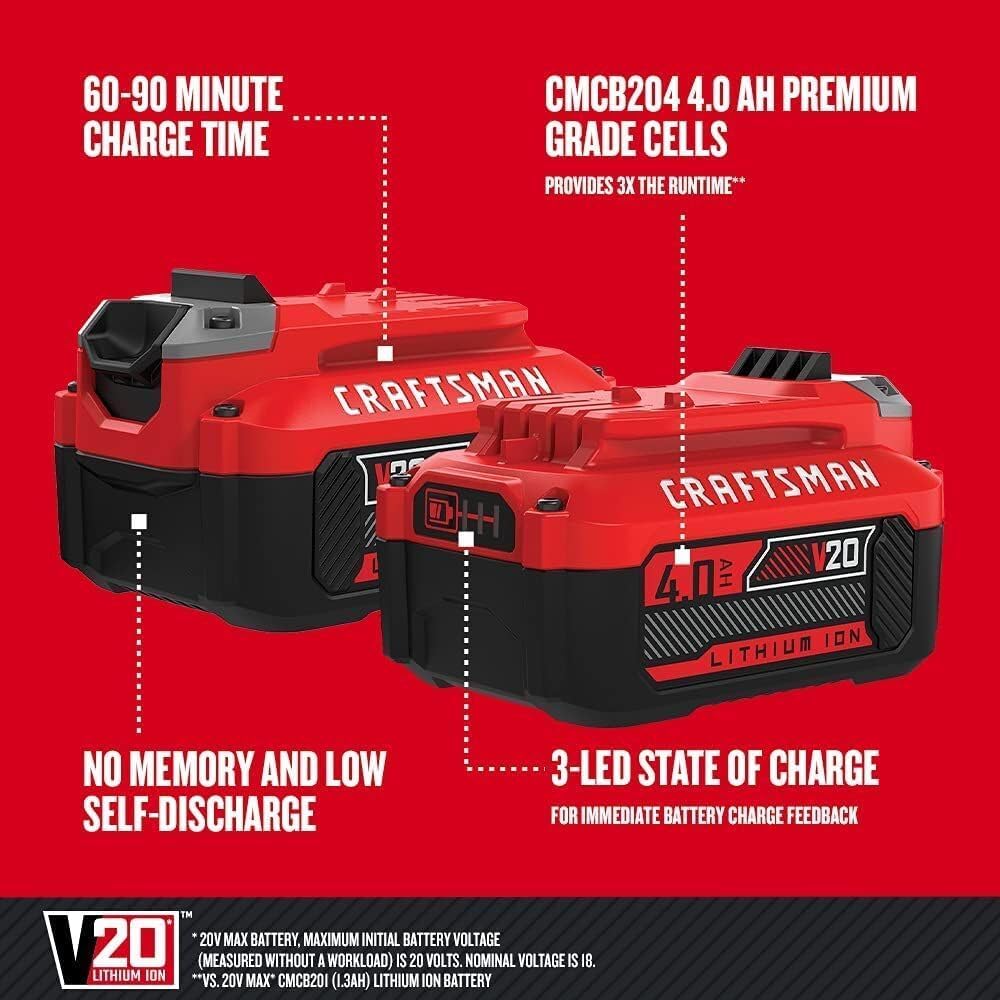 Craftsman Batería 20V 4.0Ah CMCB204-2CK | 2 unidades, iones de litio con cargador, celdas de alto rendimiento