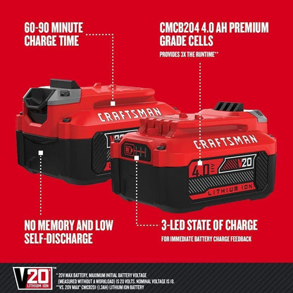 Craftsman Batería 20V 4.0Ah CMCB204-2CK | 2 unidades, iones de litio con cargador, celdas de alto rendimiento