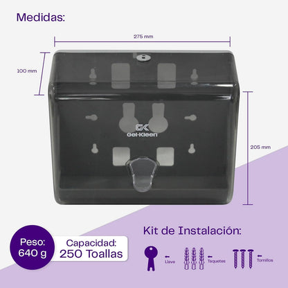Gel Kleen Despachador de Toalla Interdoblada Humo de Pared - Dispensador Institucional de Plástico ABS para Toallas Interfoliadas o Sanitas Capacidad 250 Toallas, Baño, Cocina, Oficina y Negocio