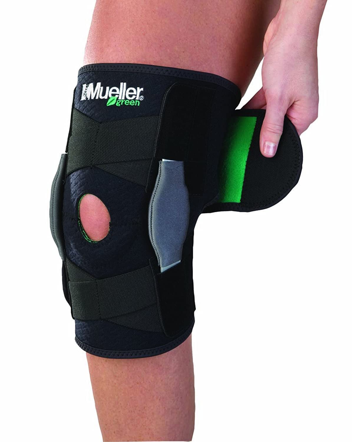 Mueller Green - Rodillera ajustable con bisagras, negro/verde, talla única | Mueller Green está hecho de materiales reciclados
