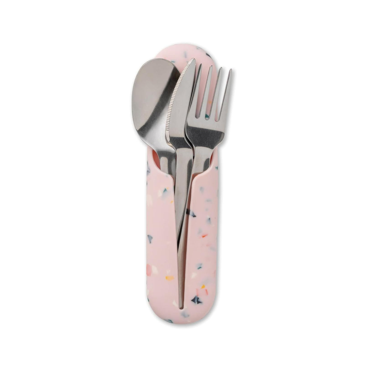 W&P Porter - Utensilios de acero inoxidable con funda de transporte de silicona, rubor de terrazo, cuchara, tenedor y cuchillo para comidas sobre la marcha, juego portátil y compacto, tamaño único