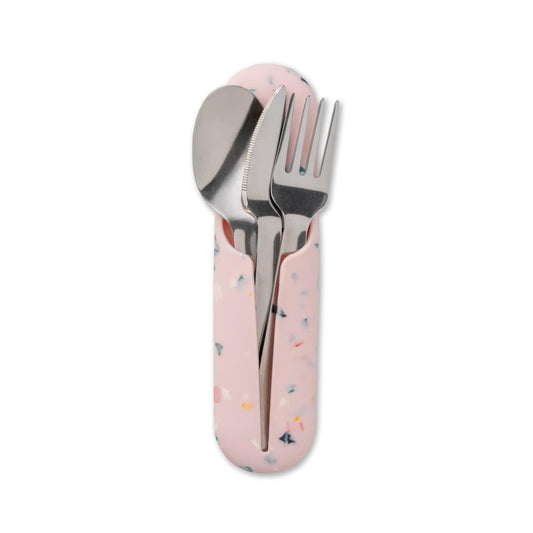 W&P Porter - Utensilios de acero inoxidable con funda de transporte de silicona, rubor de terrazo, cuchara, tenedor y cuchillo para comidas sobre la marcha, juego portátil y compacto, tamaño único