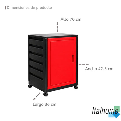 Italhome Mueble Organizador de Plástico con Ruedas, Cajonera con Repisas Multiusos para Oficina, Hogar o Taller, Ligero Resistente, Color Rojo