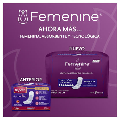 Depend Femenine Toalla para Incontinencia Súper, Caja con 18 Paquetes de 8 Piezas (144 Piezas). Tecnología 2 en 1: absorbe orina y flujo menstrual