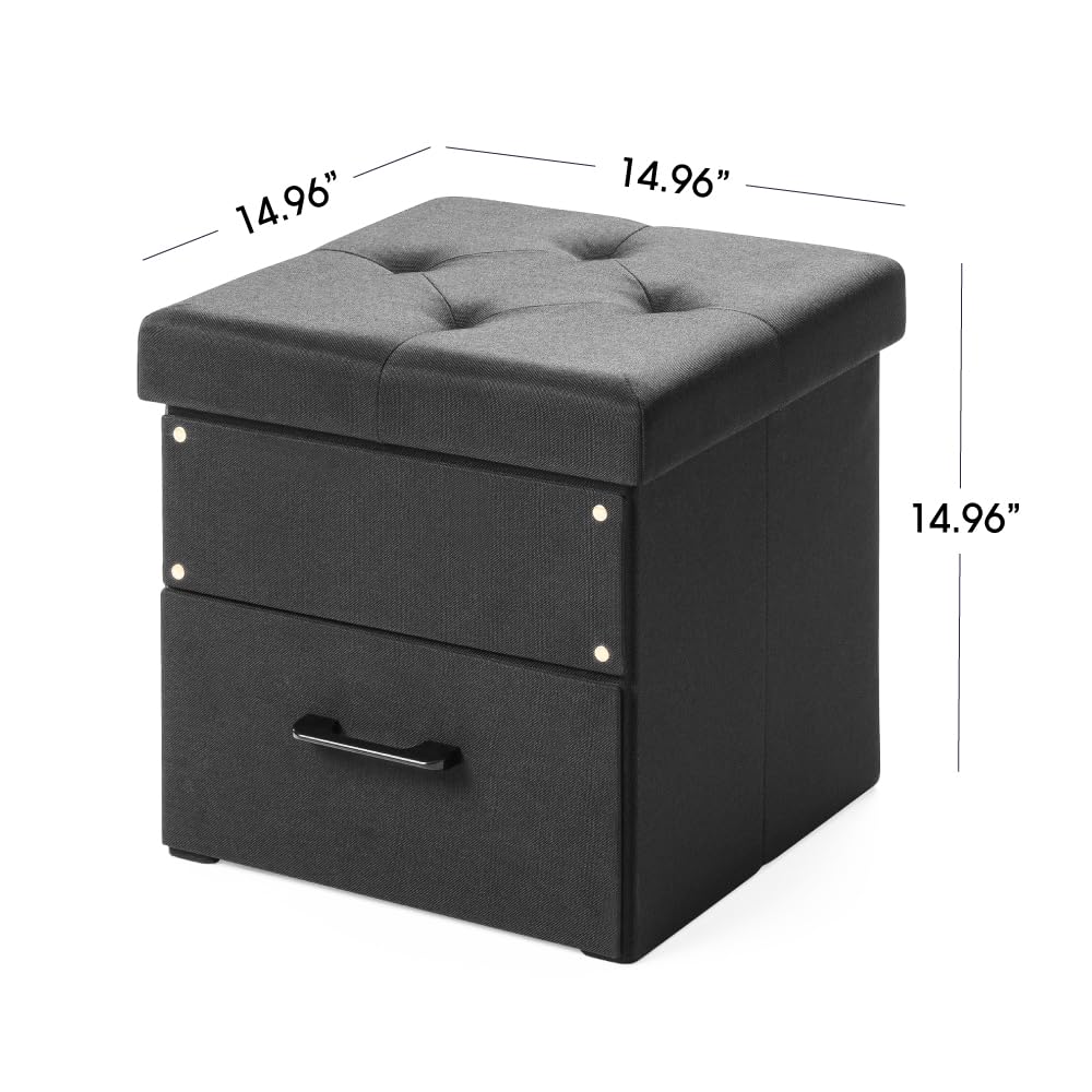 Otto & Ben Stockbox otomano con cajón de Almacenamiento, Taburete Plegable de 15 Pulgadas, Color Negro