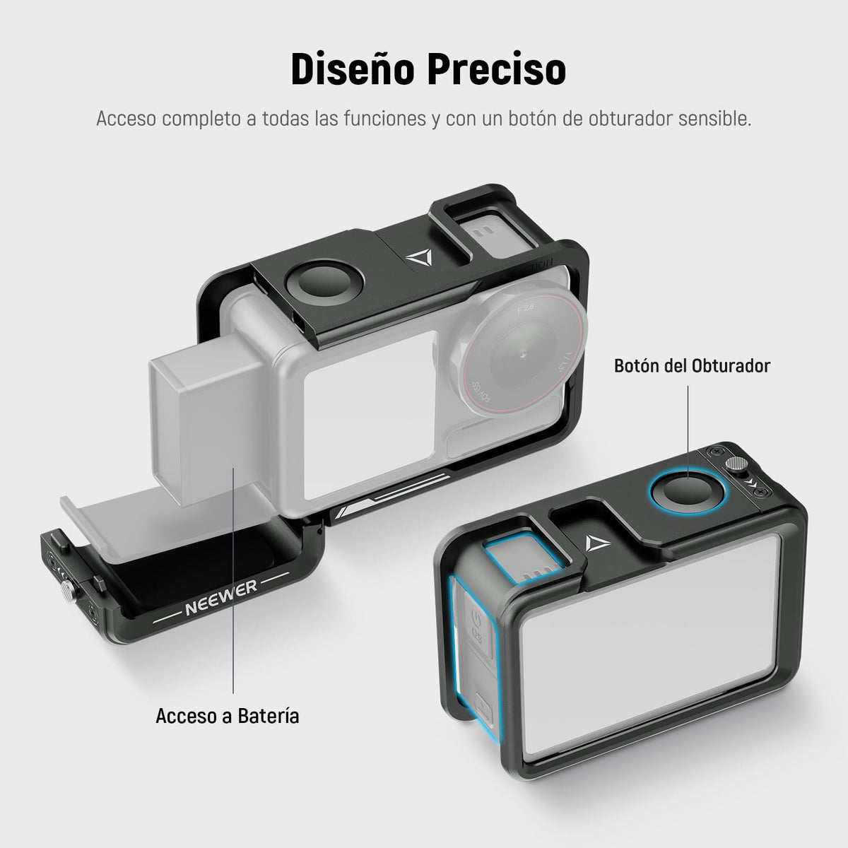 NEEWER Cámara Acción Cage para Osmo Action 5 Pro / 4/3, Protector Metal Video Rig con Zapata Fría, Rosca 1/4", Botón Obturador Compatible con dji Mic Magnetic Adapter Mount Accessories, AC014 Negro