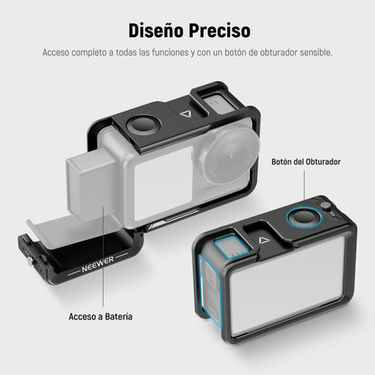 NEEWER Cámara Acción Cage para Osmo Action 5 Pro / 4/3, Protector Metal Video Rig con Zapata Fría, Rosca 1/4", Botón Obturador Compatible con dji Mic Magnetic Adapter Mount Accessories, AC014 Negro