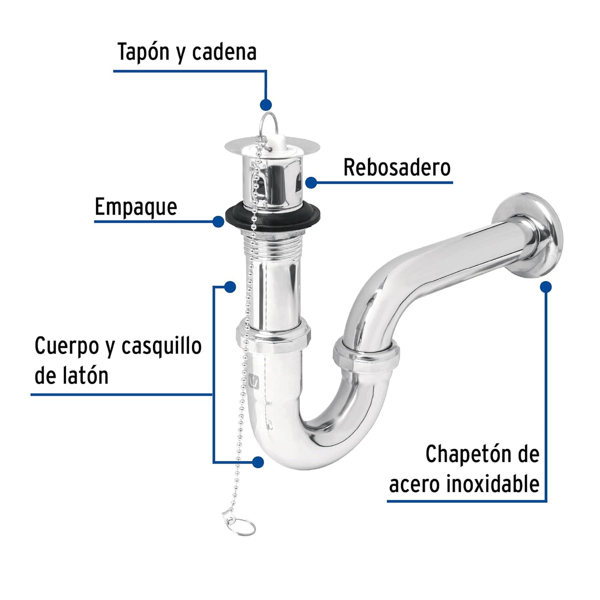 Foset CE-207, Céspol p/lavabo latón c/contra, tapón y cadena, cromo, 1-1/4"
