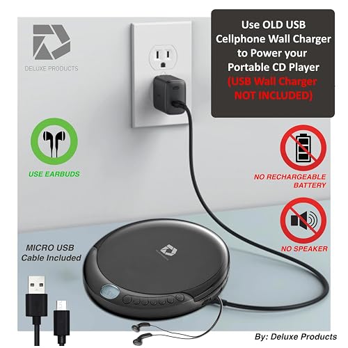 Deluxe Products Reproductor de CD portátil con 60 Segundos antisaltos, Auriculares estéreo, Incluye Cable Auxiliar y Cable de alimentación USB de CA para Uso en casa o en Automóvil