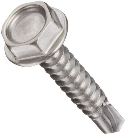 Stainless Steel Sheet Metal Screw, Plain Finish, Hex Head, External Hex Drive, Self-Drilling Point, 5/8" Length, #10-16 Threads (Pack of 100)