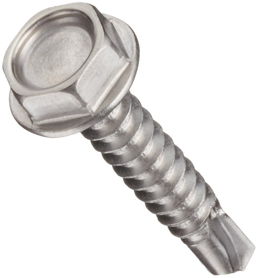 Stainless Steel Sheet Metal Screw, Plain Finish, Hex Head, External Hex Drive, Self-Drilling Point, 5/8" Length, #10-16 Threads (Pack of 100)