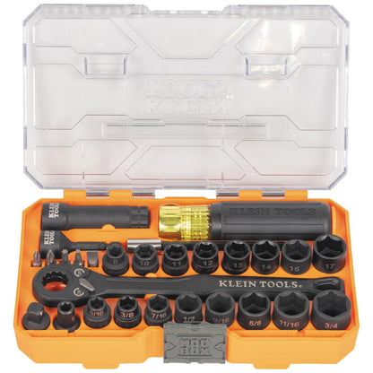 Klein Tools 65400KNECT KNECT Essential Pass Through Impact Socket Set, SAE y métrico, carraca de 90 dientes, funda MODbox, unidad de 3/8 pulgadas, 28 piezas