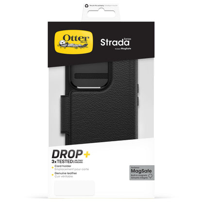 OtterBox - Funda Tipo portafolios para iPhone 15 Pro (Solo en inglés) Strada - Shadow (Negro), Soporte para Tarjetas, se Ajusta a MagSafe, Piel auténtica, fácil de Usar, Funda Tipo Folio