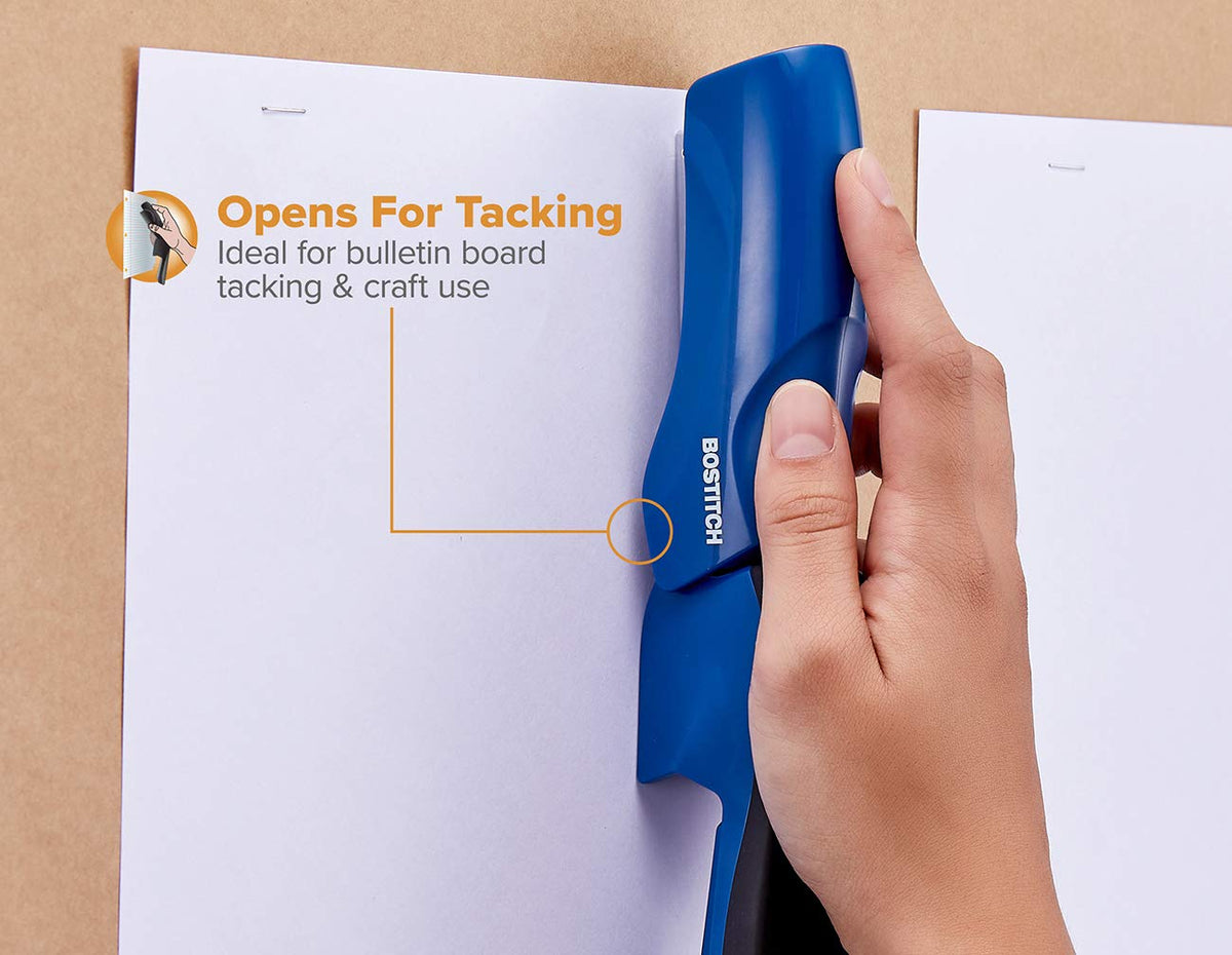 Bostitch - Grapadora de oficina resistente, capacidad de 40 hojas, sin atascos, media tira, cabe en la palma de tu mano, para aula, oficina o computadora, azul marino