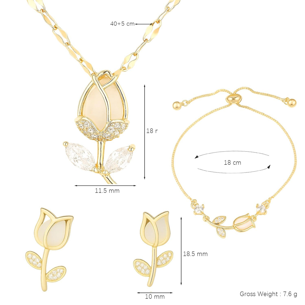XYPHIELLE Juego de 3 Piezas de Tulipán para Mujer: Collar con Dije, Pulsera y Aretes Bañado en Oro - Joyería Elegante Versátil