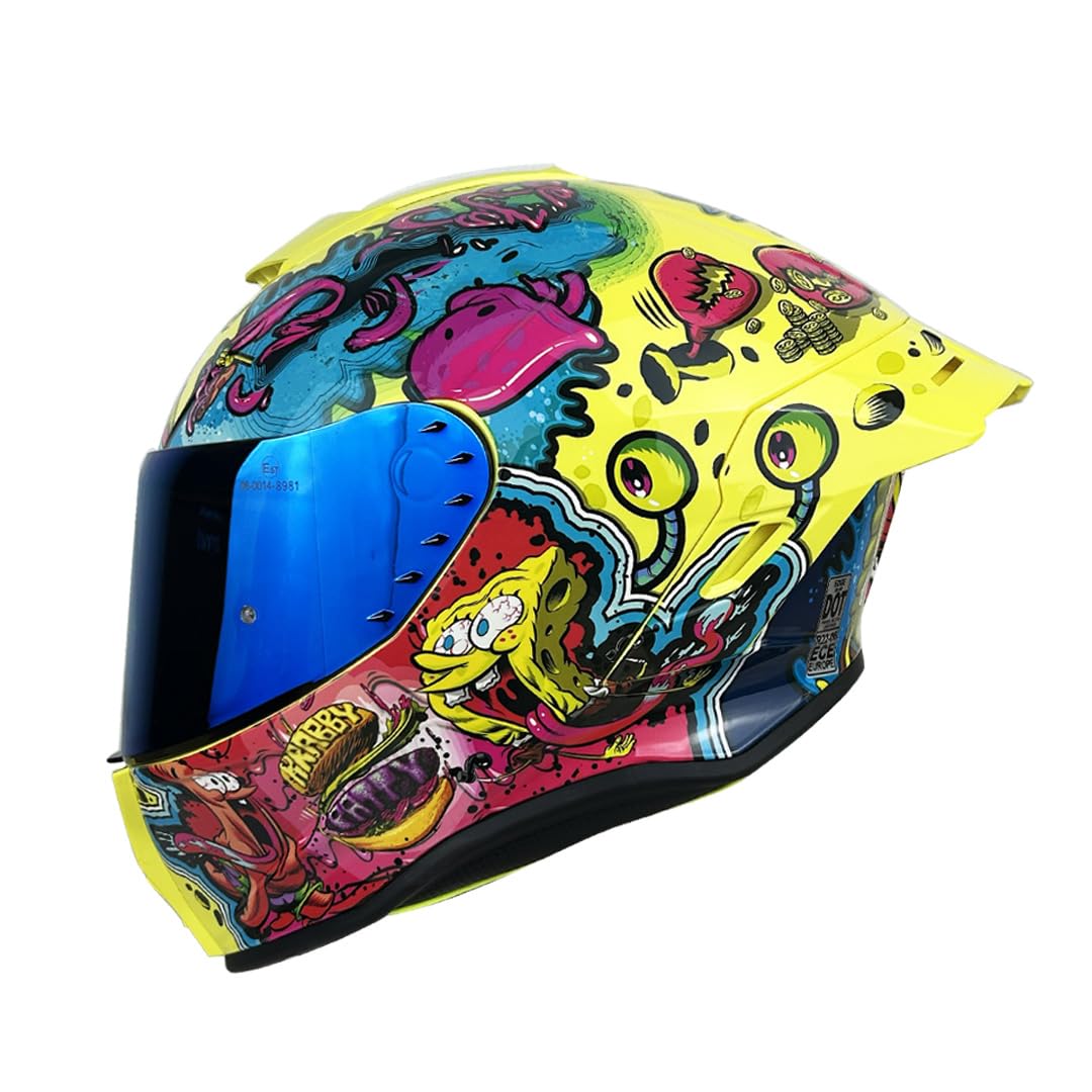 Edge Casco Integral para Moto con Visor Doble Antivaho, Certificado DOT - XL - BOB ESPONJA BRILLANTE