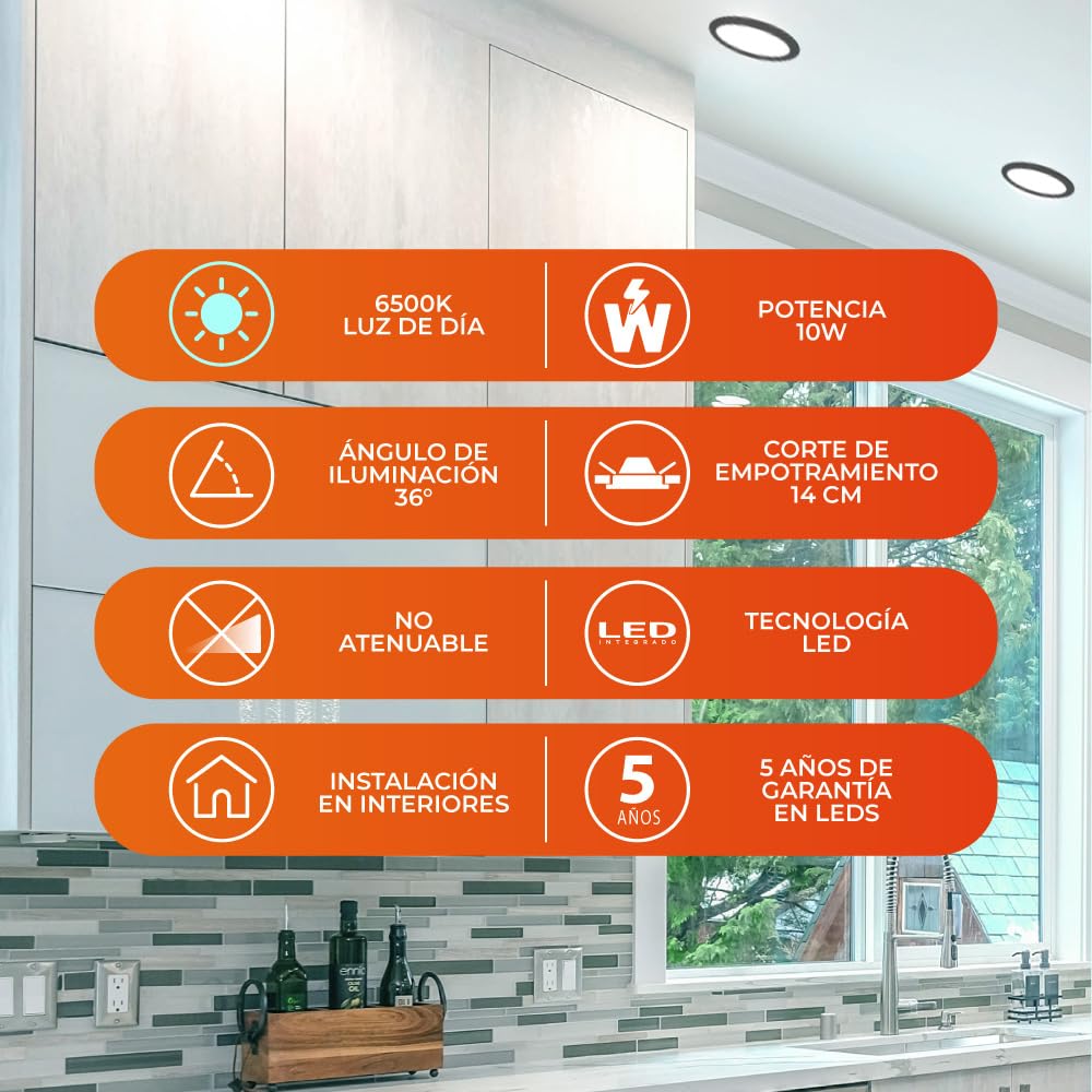Tecnolite - Lámpara Empotrable de Techo Downlight LED 10 W, Luz de Día, No atenuable, Multivoltaje