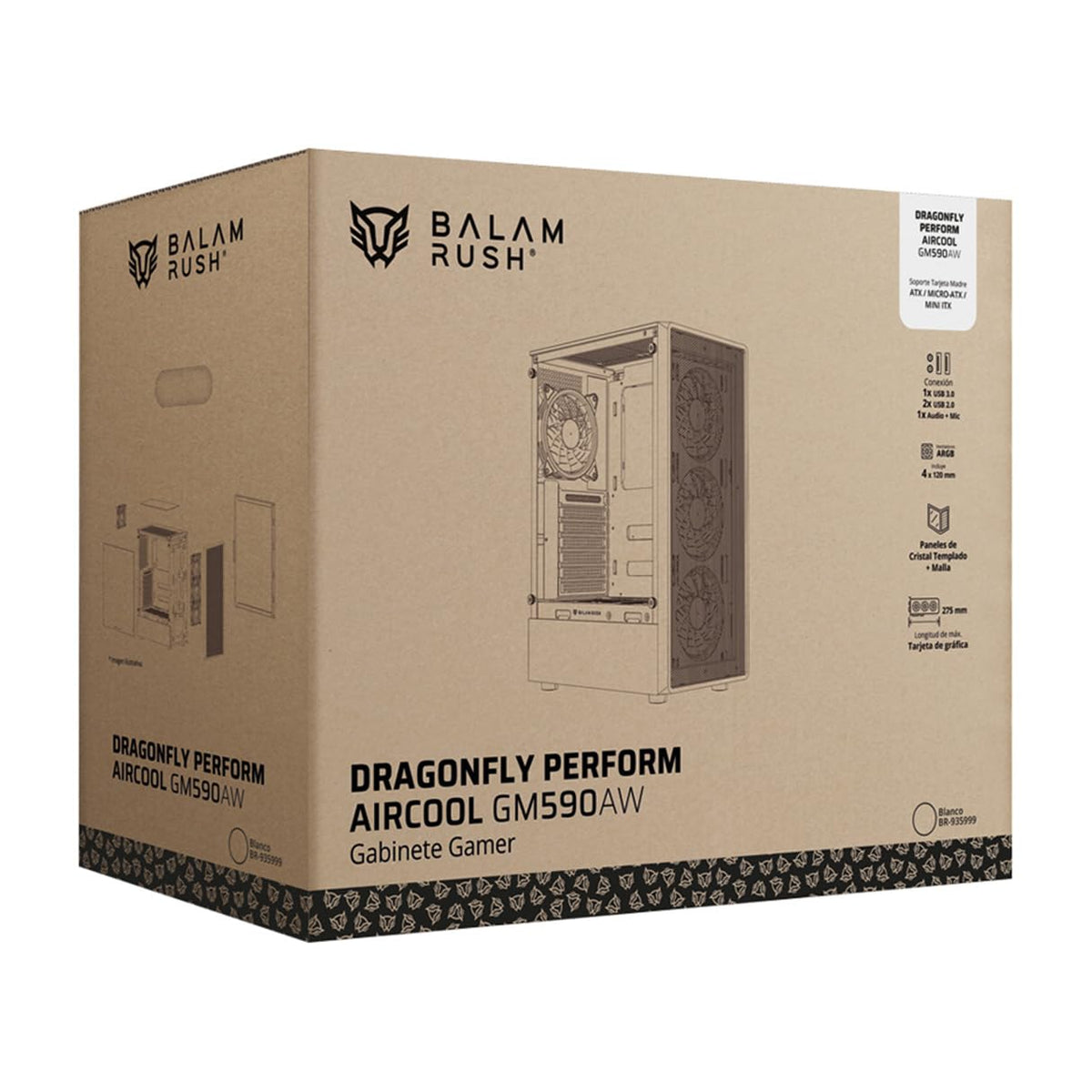 Balam Rush Gabinete Gamer Dragonfly Perform Aircool GM590AW ATX Media Torre 4 Fan RGB Cristal Templado USB 3.0 Blanco BR-935999