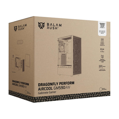 Balam Rush Gabinete Gamer Dragonfly Perform Aircool GM590AW ATX Media Torre 4 Fan RGB Cristal Templado USB 3.0 Blanco BR-935999
