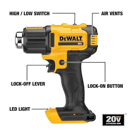 DEWALT Pistola de Calor Inalámbrica 6.89", 2 Modos, 20V, DCE530B | Pistola de Calor de 6.89" (175mm), 2 Modos de Temperatura, 20V