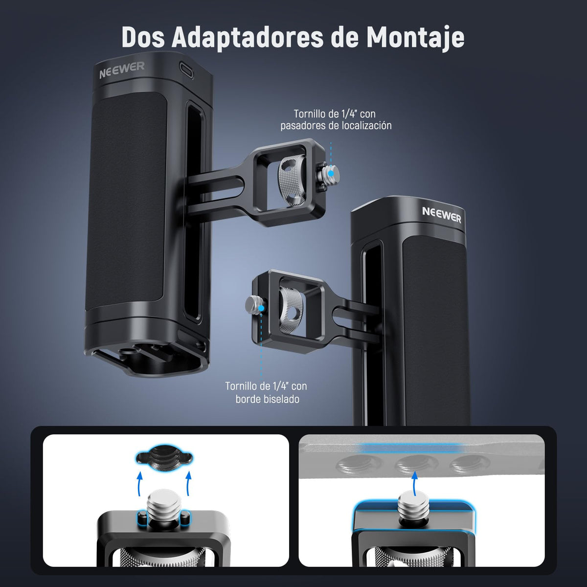 NEEWER Side Handle Grip con Disparador de Botón para Cage Video Rig de Teléfono, 2 Adaptador Montaje con 1/4" Tornillo y Pasador Localización, Empuñadura Lateral Compatible con SmallRig Jaula, PA005E